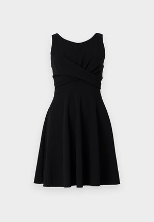 Black sleeveless dress with a fitted bodice, twisted design at the waist, and a flared skirt that extends to mid-thigh. Smooth fabric texture.