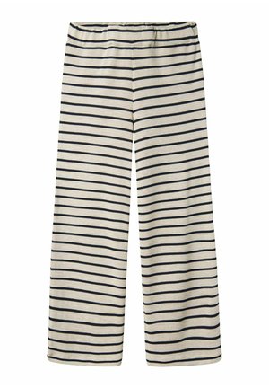 Pantalons larges beige avec des rayures horizontales noires, dotés d'une taille élastique et d'une texture en coton doux. Pas de poches ni de fermetures visibles.