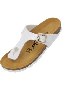 Weiße Flip-Flops mit braunem Korkfußbett, ausgestattet mit einer silbernen Schnalle und einem Knopfakzent am oberen Riemen. Leichtes, lässiges Design.