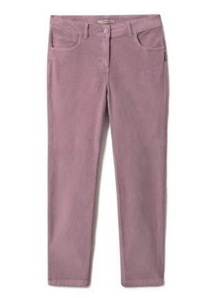 Proste spodnie ze sztruksu w kolorze mauve z przednimi kieszeniami, szlufkami na pasek, zapięciem na guzik i małą metką marki na prawej kieszeni.