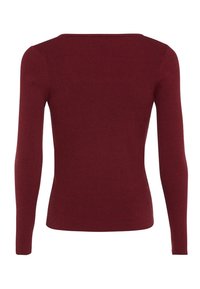 Burgunderfarbenes, geripptes Langarmoberteil mit rundem Halsausschnitt und figurnaher Silhouette. Verfügt über ein strukturiertes Strickmuster und ein nahtloses Design.