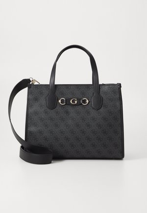 Sac à main noir texturé avec deux poignées, bandoulière amovible et détail du logo G doré au centre devant.