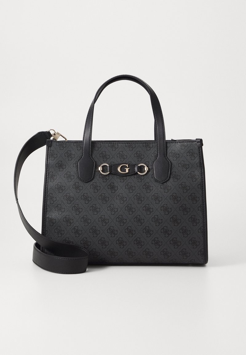 Sac à main noir texturé avec deux poignées, bandoulière amovible et détail du logo G doré au centre devant.