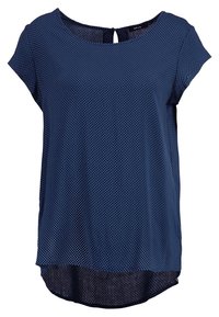 Tmavě modrý top s krátkým rukávem a kulatým výstřihem, zdobený jemným tečkovaným vzorem a detaily na zádech ve tvaru klíčové dírky, delší vzadu.
