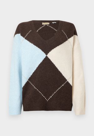 Maglione a V con grande motivo argyle in marrone, azzurro chiaro e crema, dotato di maniche lunghe e berretti a coste.