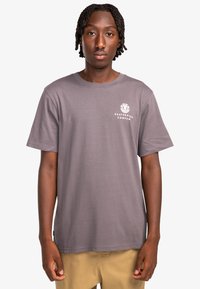 Jonge man met gevlochten haar, gekleed in een grijze t-shirt van een skateboardbedrijf en beige broek, staande tegen een effen witte achtergrond.