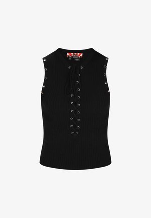 Černý žebrovaný top bez rukávů se stříbrnými průchodkami a křížovým šněrováním na přední části a bocích, s výstřihem do V.