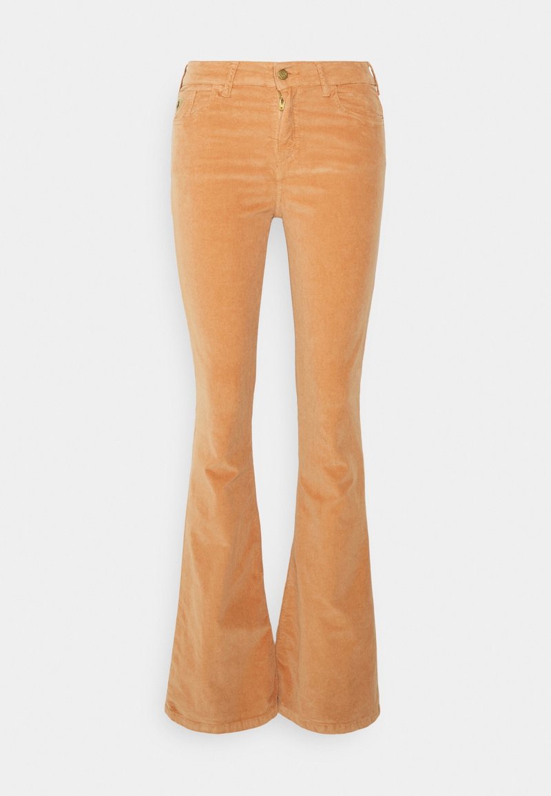 Pantalon velours côtelé marron clair taille haute avec jambes évasées, fermeture éclair devant, bouton, poches latérales et arrière.