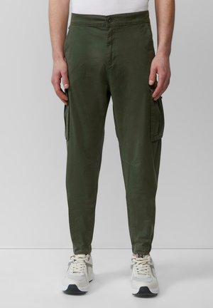 Olive green cargo pants with a relaxed fit, featuring side pockets, a button closure, and elastic cuffs at the ankle. Made of lightweight fabric.