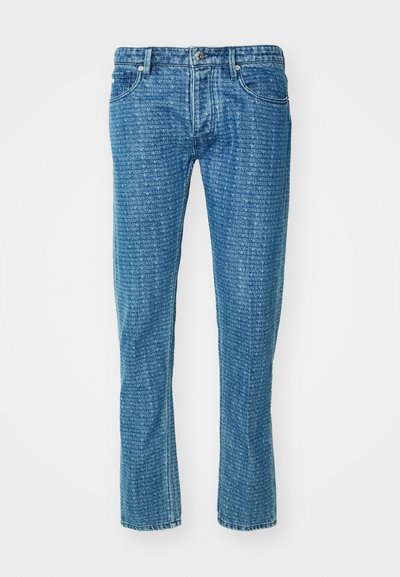 Blå denimjeans med rett ben, med et gjentatt logomønster, fem-lommers design og klassisk knapp- og glidelåsåpning.