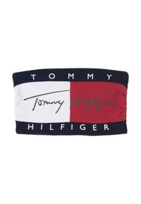 Tommy Hilfiger hoofdband in marineblauw, rood en wit, met een rechthoekig patroon en het kenmerkende logo in scriptstijl. Gladde stof met elastische stretch.