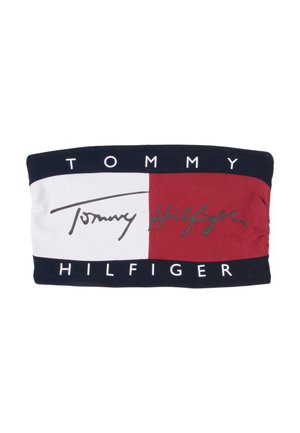 Bandeau Tommy Hilfiger en bleu marine, rouge et blanc, présentant un motif rectangulaire et le logo en script signature. Tissu lisse avec élasticité.