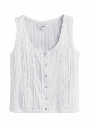 Weiße ärmellose Bluse mit rundem Ausschnitt, vertikalen Biesen- und Spitzendetails sowie einer Knopfleiste vorne.