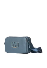 Borsa sintetica rettangolare blu con chiusura a zip, superficie texturizzata e logo argentato. Include una tracolla con la dicitura "SIT" in testo nero.