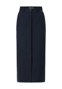 Gonna a matita blu navy con motivo a righe, design sartoriale, chiusura anteriore con bottone e una texture liscia. Lunghezza media con taglio dritto.