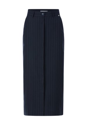 Navy blue pencil skirt with pinstripe pattern, tailored design, front button closure, and a smooth texture. Mid-length with a straight cut.
