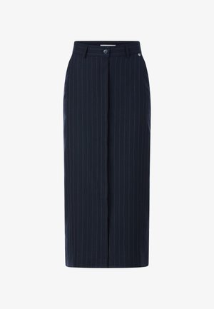 Falda lápiz azul marino con patrón de rayas, diseño entallado, cierre delantero de botones y una textura suave. De longitud media con corte recto.