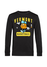 Felpa nera a maniche lunghe con protagonista un personaggio di basket, testo "VERMONT" giallo e accenti blu. Realizzata in morbido cotone con polsini a coste.