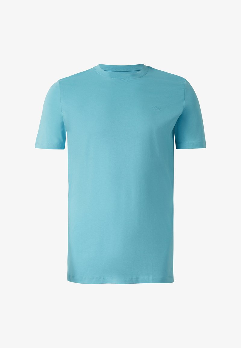 Plain light blue short-sleeve crew neck t-shirt with subtle logo on the left chest, displayed on a white background.