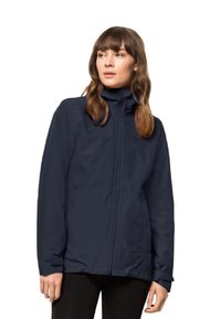 Marineblauwe waterdichte jas met hoge kraag, ritssluiting en elastische manchetten. Kenmerkt zich door een gladde textuur en minimalistisch ontwerp.