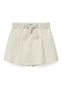 Gonna color crema con una vita argentata a contrasto e dettaglio a fiocco. Presenta due tasche anteriori e una forma svasata. Texture liscia.