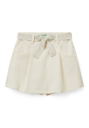 Cream-colored skirt with a contrasting silver waistband and bow detail. Features two front pockets and a flared shape. Smooth texture.