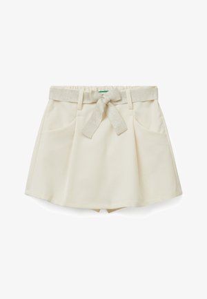 Cream-colored skirt with a contrasting silver waistband and bow detail. Features two front pockets and a flared shape. Smooth texture.