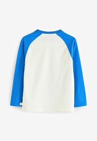 Raglan-sleeve t-särk, millel on sinised varrukad ja valge keha. Sile puuvillane materjal, ümar kaelus ja väike brändi silt hemil.
