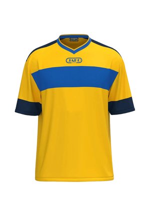 Gelbes Sporttrikot mit breitem blauen horizontalen Streifen über der Brust und dunkelblauen Ärmelbündchen, mit JAKO-Logo in der Mitte.