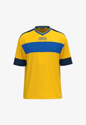 Gele sportshirt met brede blauwe horizontale streep over de borst en donkerblauwe mouwboorden, met het JAKO-logo in het midden.