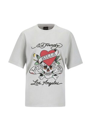 Camiseta de algodón gris claro con un gráfico colorido de una calavera con un corazón, rodeada de una pancarta y acentos florales.