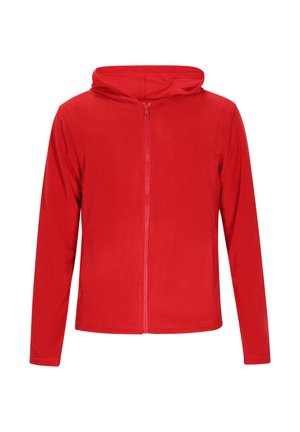Sudadera roja con cremallera en un tejido suave, que presenta una capucha, mangas largas y una silueta aerodinámica sin adornos adicionales.