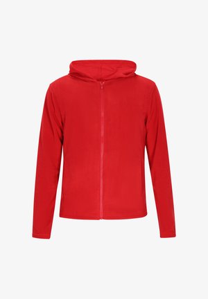 Rdeča zip-up kapuca iz mehke tkanine, s kapuco, dolgimi rokavi in elegantno silhueto brez dodatnih okraskov.