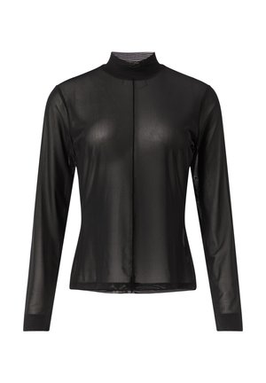 Czarna bluzka z długim rękawem wykonana z przejrzystego materiału, z wysokim kołnierzem i zapięciem na guziki. Posiada dopasowany krój i gładką fakturę.