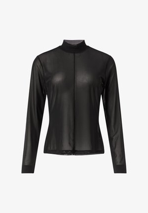 Schwarzes Langarmoberteil aus durchsichtigem Material mit hohem Kragen und Knopfverschluss. Hat ein figurschmeichelndes Design und eine glatte Textur.