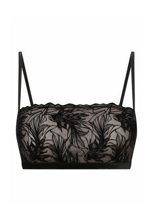 Černá krajková braletka s květinovou výšivkou, nastavitelné ramínka, vlnité okraje a průhledná textura s přiléhavým střihem.