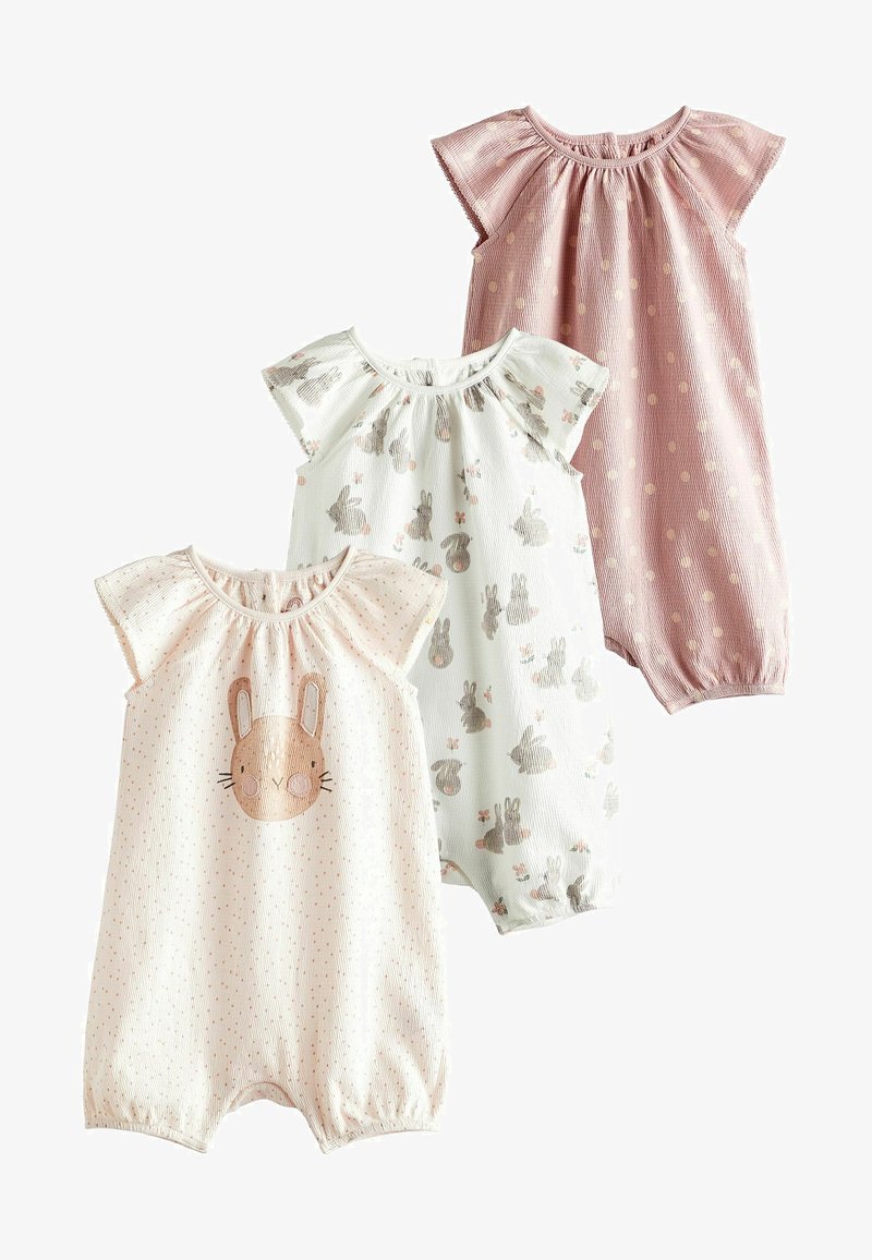 Három babarúha puha anyagból: egy rózsaszínnyuszi grafikával, egy fehér nyuszi mintával, és egy porrózsaszín pöttyökkel.