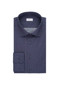 Camicia blu navy con un piccolo motivo geometrico rosa e bianco. Realizzata in un tessuto dalla texture liscia. Presenta un colletto e polsini standard.