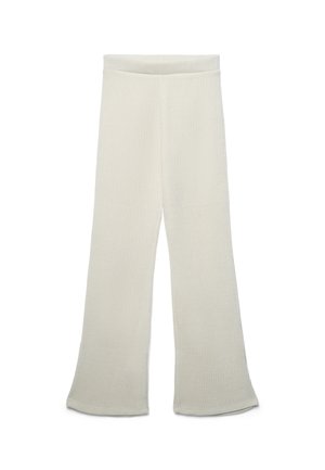 Pantaloni svasati a coste, di colore bianco sporco, con vita alta e una finitura testurizzata. Presentano un tessuto liscio e morbido per comfort e flessibilità.