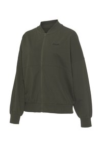 Olive green zip-up jacket with a round neck, elastic cuffs, and a stitched panel design. Features a small black logo on the chest.
