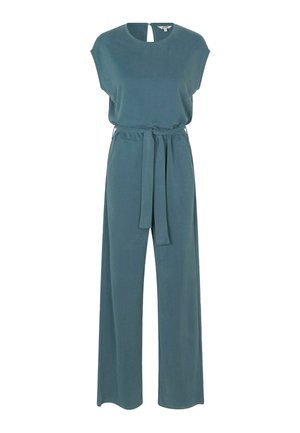 Tirkizna, široka kombinacija z oblekami s kratkimi rokavi, pasom in majhno odprtino v hrbtu. Gladek, mehak material.