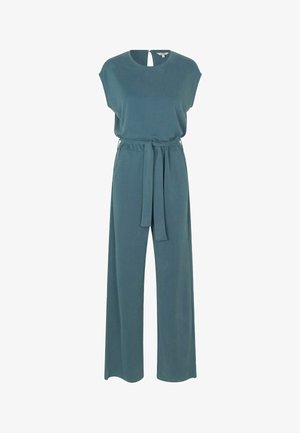 Tirkizna, široka kombinacija z oblekami s kratkimi rokavi, pasom in majhno odprtino v hrbtu. Gladek, mehak material.