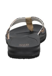 Flip-flops with a black rubber sole, beige straps, and a patterned design. The footbed features textured details for grip and comfort.