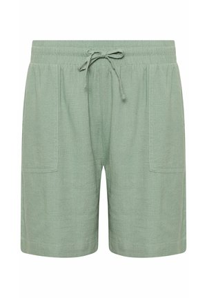 Light green drawstring shorts with elastic waistband and two front patch pockets, made from textured fabric.