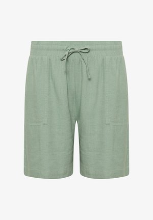 Pantaloncini verde chiaro con coulisse, vita elastica e due tasche applicate frontali, realizzati in tessuto testurizzato.