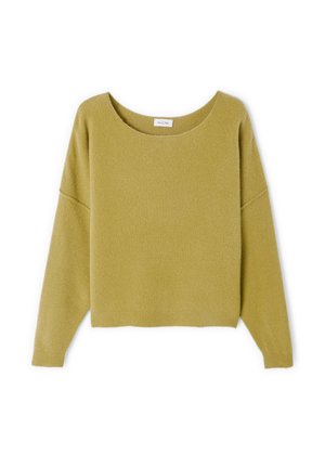 Light olive green cropped sweater with a wide neckline, drop shoulder seams, and long sleeves. Soft texture and ribbed hem detail.