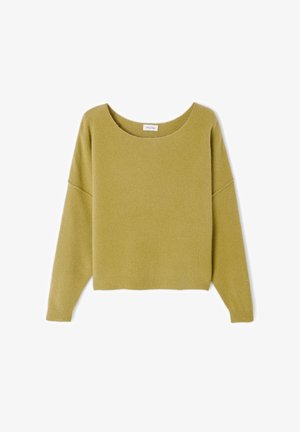 Light olive green cropped sweater with a wide neckline, drop shoulder seams, and long sleeves. Soft texture and ribbed hem detail.