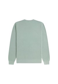 Suéter de punto verde claro con mangas largas, cuello, puños y dobladillo acanalados. Presenta una textura suave y un diseño simple y sin adornos.