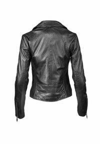 Schwarze Lederjacke mit taillierter Passform, ausgestattet mit einem geschlitzten Kragen, Reißverschlussmanchetten und detaillierten Nähten an Rücken und Ärmeln.