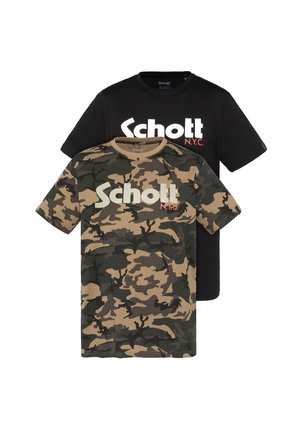 T-shirt nere e mimetiche con scollo rotondo, caratterizzate da audaci loghi "Schott N.Y.C." sul davanti in bianco e rosso.